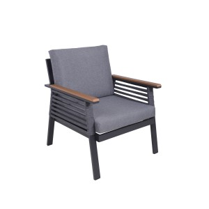 Garden Pleasure Sessel Denia, anthrazitgrau, Teil der Lounge-Gruppe. Gartenmöbel mit grauen Kissen und Holzarmlehnen.