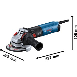 Bosch Professional GWS 17-125 Winkelschleifer mit Zubehör und Maßangaben.