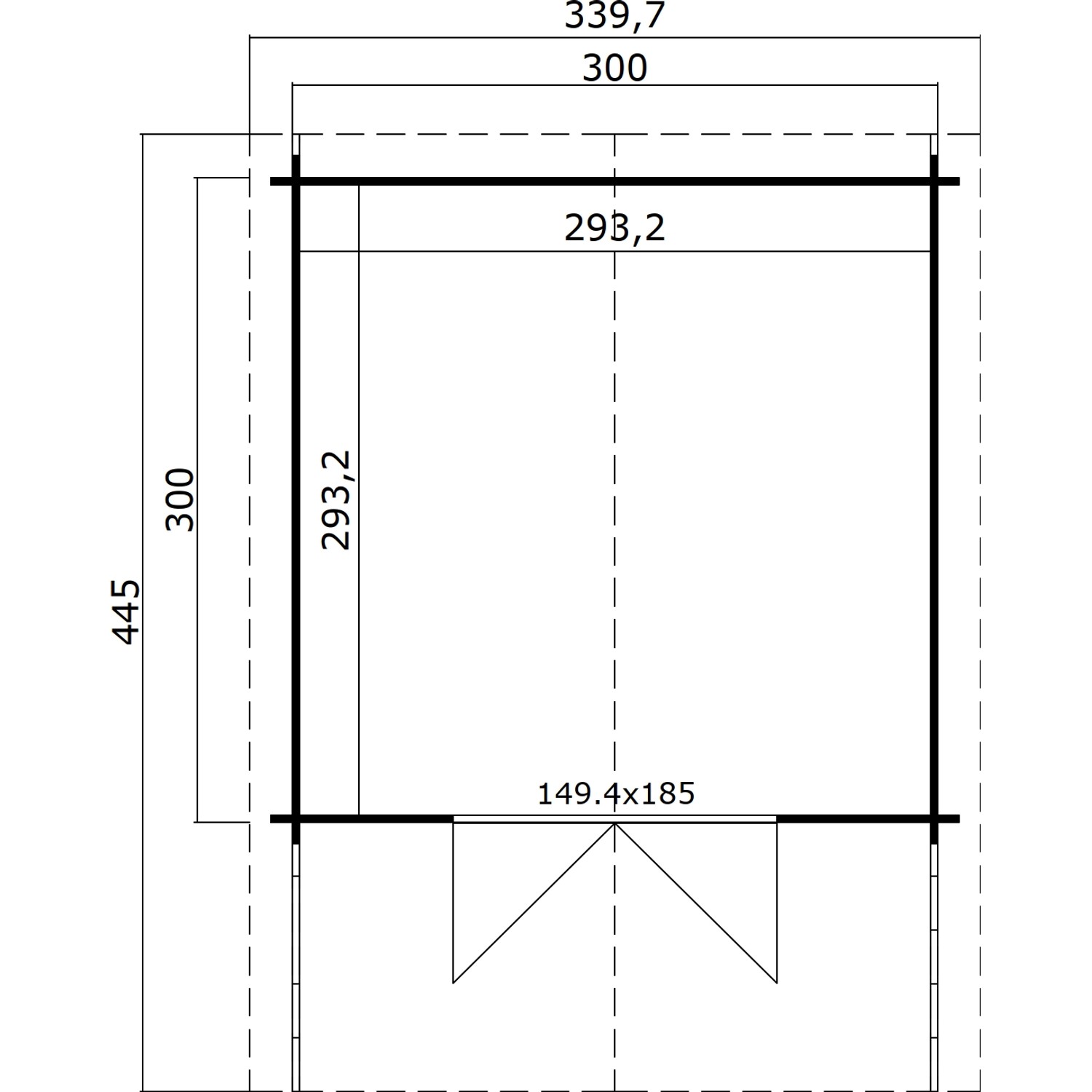 Grundriss Lasita Holz-Gartenhaus Viljandi 34 mit Anbaudach, Maße: 339,7 x 445 cm.