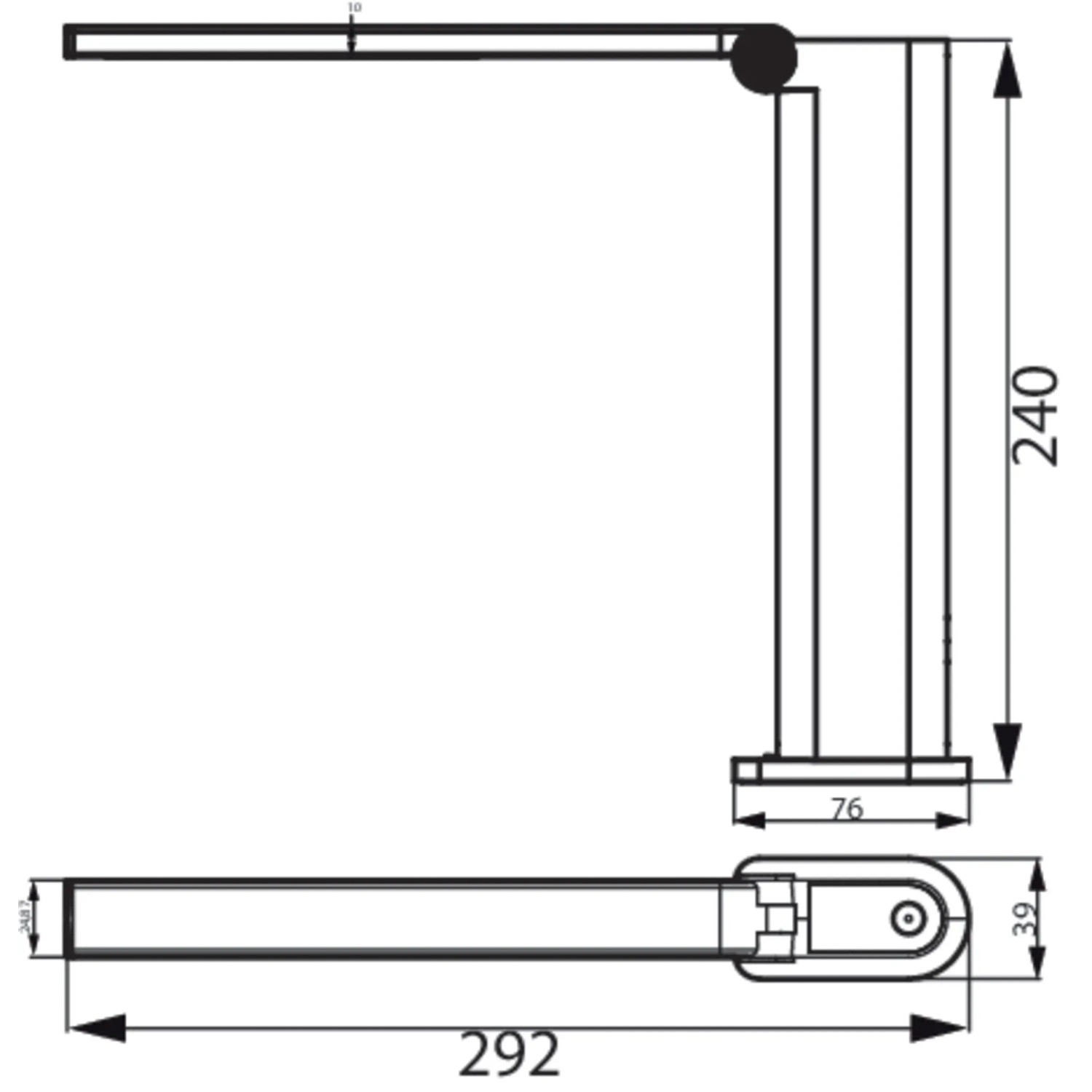 Technische Zeichnung der schwarzen Philips Amber LED Schreibtischleuchte mit Maßen.