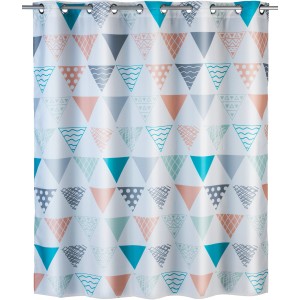 Wenko Duschvorhang Comfort Flex Ethno mit Dreiecksmuster in Türkis, Grau und Rosa.