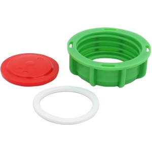 Hahnkappe DN 50 Set: Überwurfmutter (grün), Deckel (rot) und Dichtung für Regentonnen.