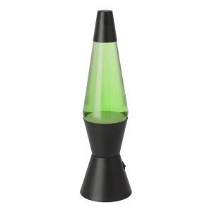 Schlanke Eglo LED-Lavatischleuchte in Schwarz mit grüner Flüssigkeit und weißem Wachs, Ø 10,5 cm.
