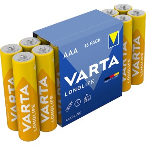 Varta Longlife Micro (AAA) Batterien, 16er Pack. Gelbe Alkaline Batterien in blauer Verpackung.