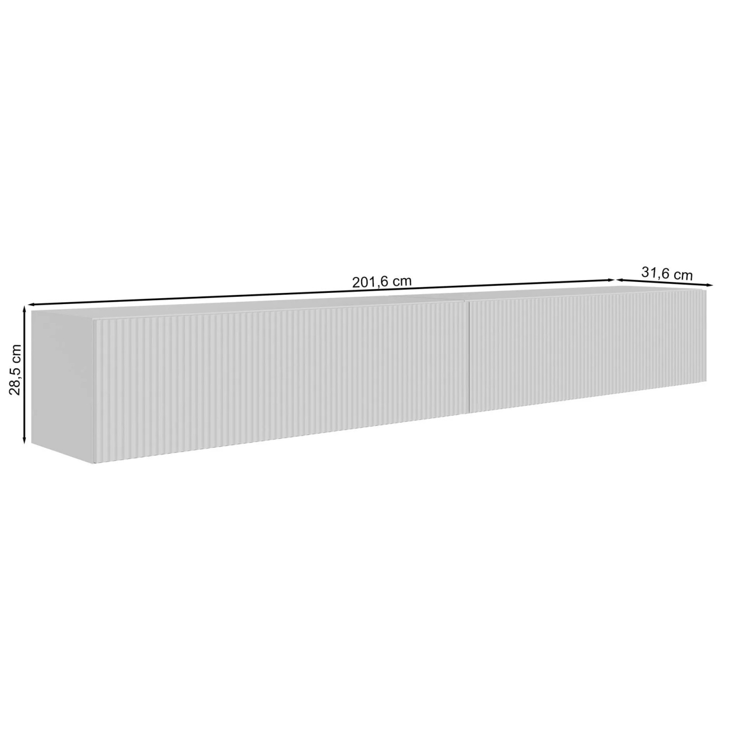 Weißes Selsey Veldio TV-Hängeboard mit geriffelter Lamellenfront, 201,6x28,5x31,6 cm. Moderner TV-Schrank.