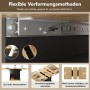 Auszugsmechanismus des schwarzen Esstisches: Metallschienen, Einsetzen der Erweiterungsplatte und Zusammenklappen der Tischplatte.
