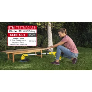 Frau nutzt gelben Kärcher Akku-Rasentrimmer LTR 18-30 zum Rasentrimmen im Garten.