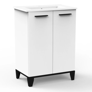 Fackelmann Waschtisch-Set TE-A, 61,2 cm, Weiß Matt mit Keramikbecken und Unterschrank mit 2 Türen.