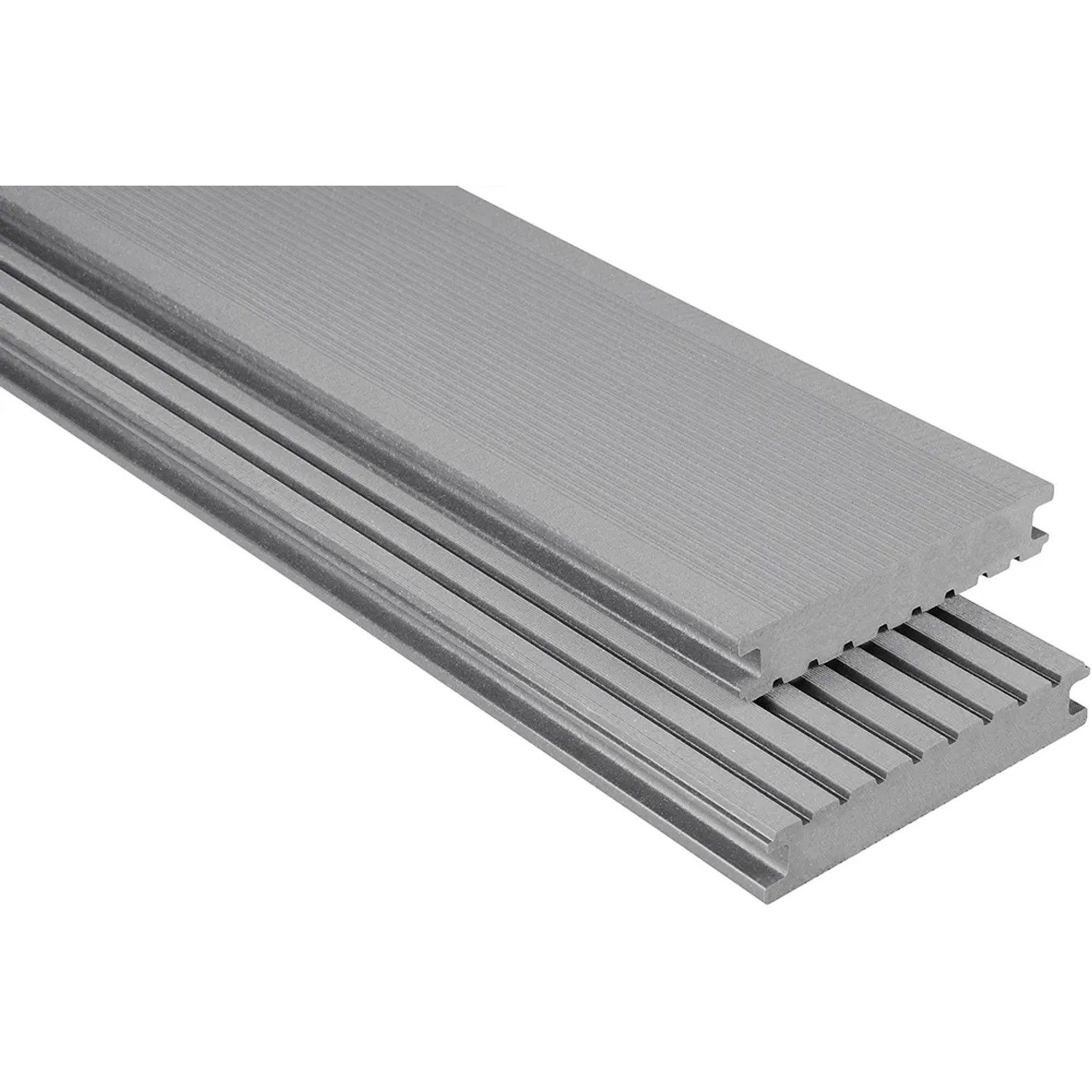 Graue Kovalex WPC Terrassendiele, gebürstet, Vollprofil. Meterware für individuelle Terrassen.
