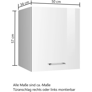 Küchen-Hängeschrank Mailand, 50 cm, Hochglanz Weiß: Hängeschrank für die Küche mit Metallgriff.
