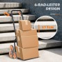 DURHAND Treppensteiger, schwarz-orange, mit 6 Rädern und Kartons auf Pflaster vor Treppe. Max. 17cm Stufenhöhe.