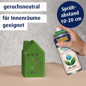 Belton Free AQUAcolours Buntlack Spray, Laubgrün, hochglänzend. Farbspray und lackiertes Deko-Haus.