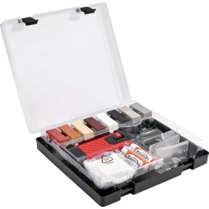 15-teiliges Reparatur-Set für Wand- und Bodenfliesen mit Wachsblöcken, Schmelzgerät und Zubehör im Koffer.