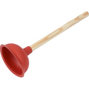 Roter Pömpel (Ausgussreiniger Classic, 135 mm) mit Holzstiel zur Abflussreinigung.