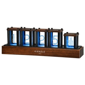 Kienzle LED-Nixie-Uhr in Braun mit blauer Beleuchtung. Retro-Design Tischuhr.