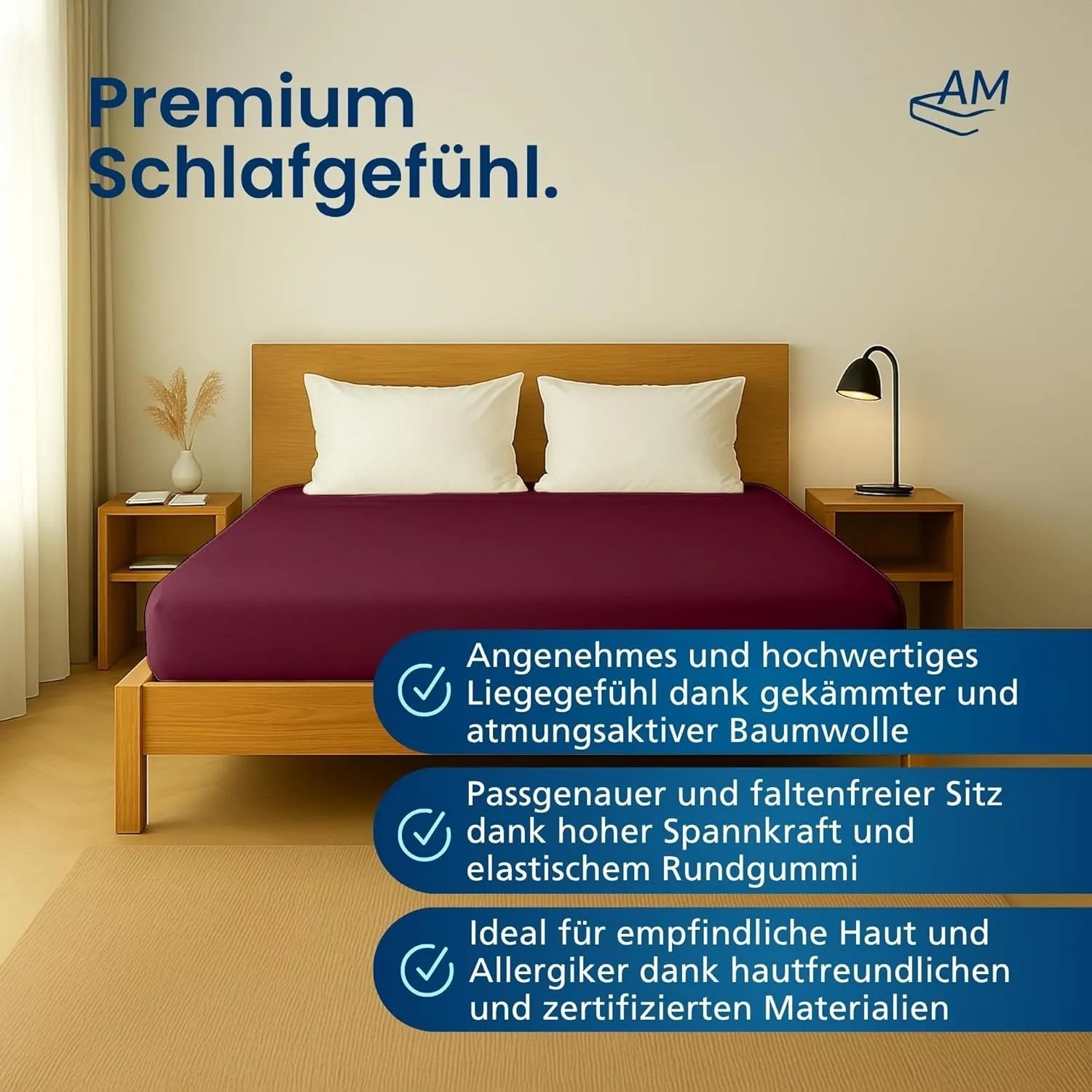AM Qualitätsmatratzen Premium Jersey Boxspringbett Spannbettlaken aus Baumwolle Made in Germany 90x200cm in Bordeaux_3