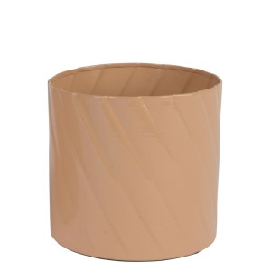 Beiger zylindrischer Decoris Übertopf für Innenpflanzen, glänzend emailliert mit diagonaler Struktur.