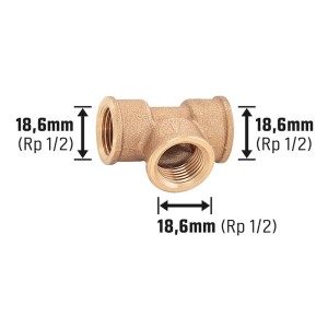 Rotguss Gewinde-T-Stück, 18,6 mm (Rp 1/2) für Heizung und Trinkwasserinstallation.