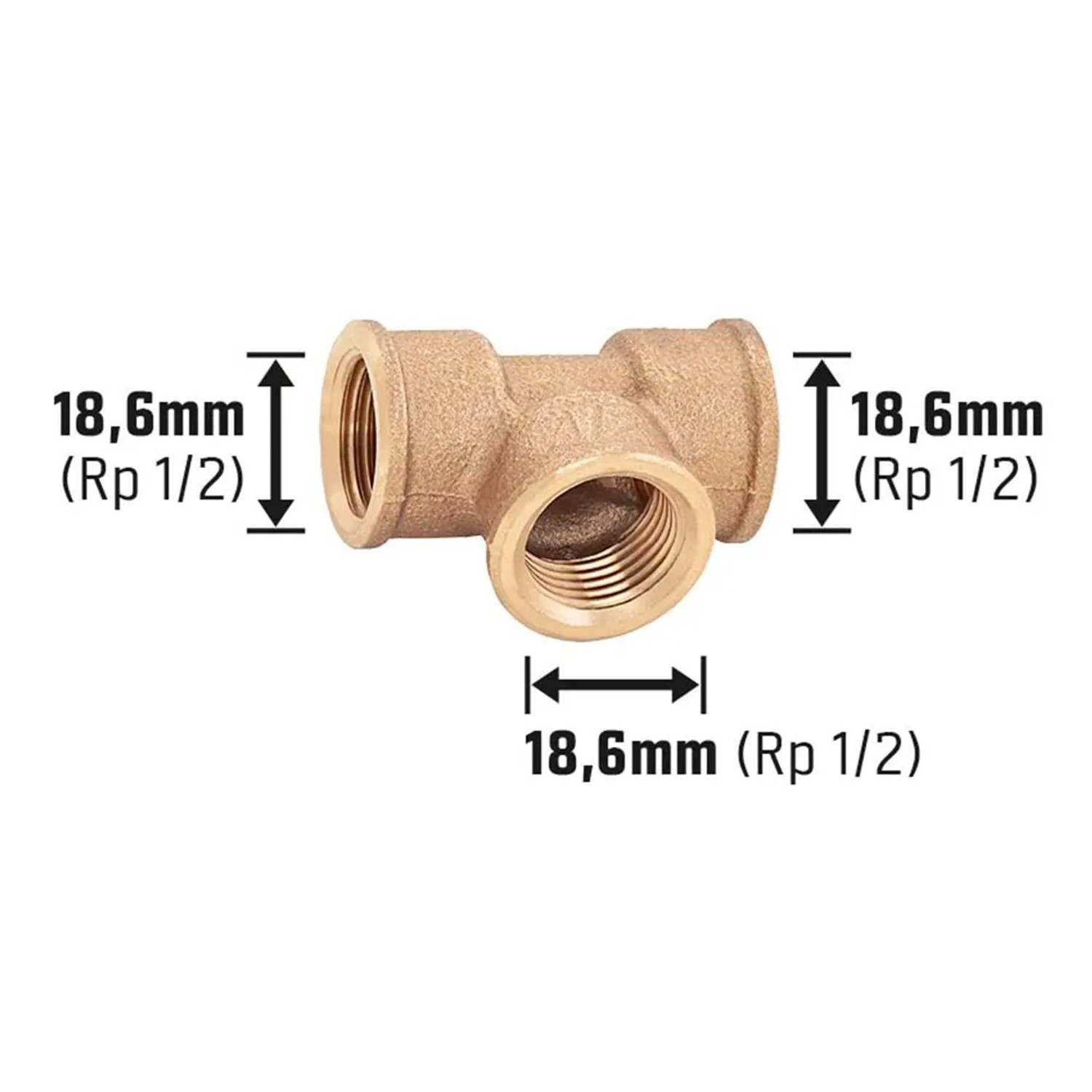 Rotguss Gewinde-T-Stück, 18,6 mm (Rp 1/2) für Heizung und Trinkwasserinstallation.