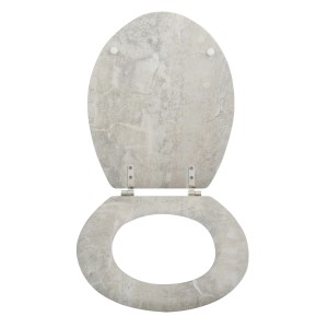 MSV WC-Sitz Stonehenge, MDF grau mit Edelstahl-Scharnieren, geöffnet.