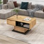 Couchtisch aus Holzmaserung, 100x60 cm, mit Schublade und offenen Staufächern. Naturfarbener Sofatisch im Wohnzimmer.