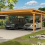 Skan Holz Doppelcarport Emsland, Eiche hell, mit zwei parkenden Autos.