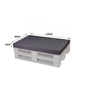 Anthrazitfarbenes Paletten-Sitzkissen 120x80x10cm auf weißen Paletten. Ideal für Garten- & Loungemöbel.