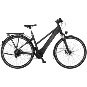 Schwarzes Fischer E-Bike Viator 6.0i (44 cm) mit Trapezrahmen und Gepäckträger.