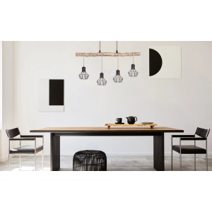 Schwarze Globo Pendelleuchte Priska, 4-flammig, mit Holz und Hanfseil, modernes Design.