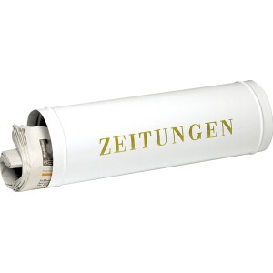 Weiße Burg Wächter Zeitungsbox 800, runde Form mit seitlicher Abdeckung.