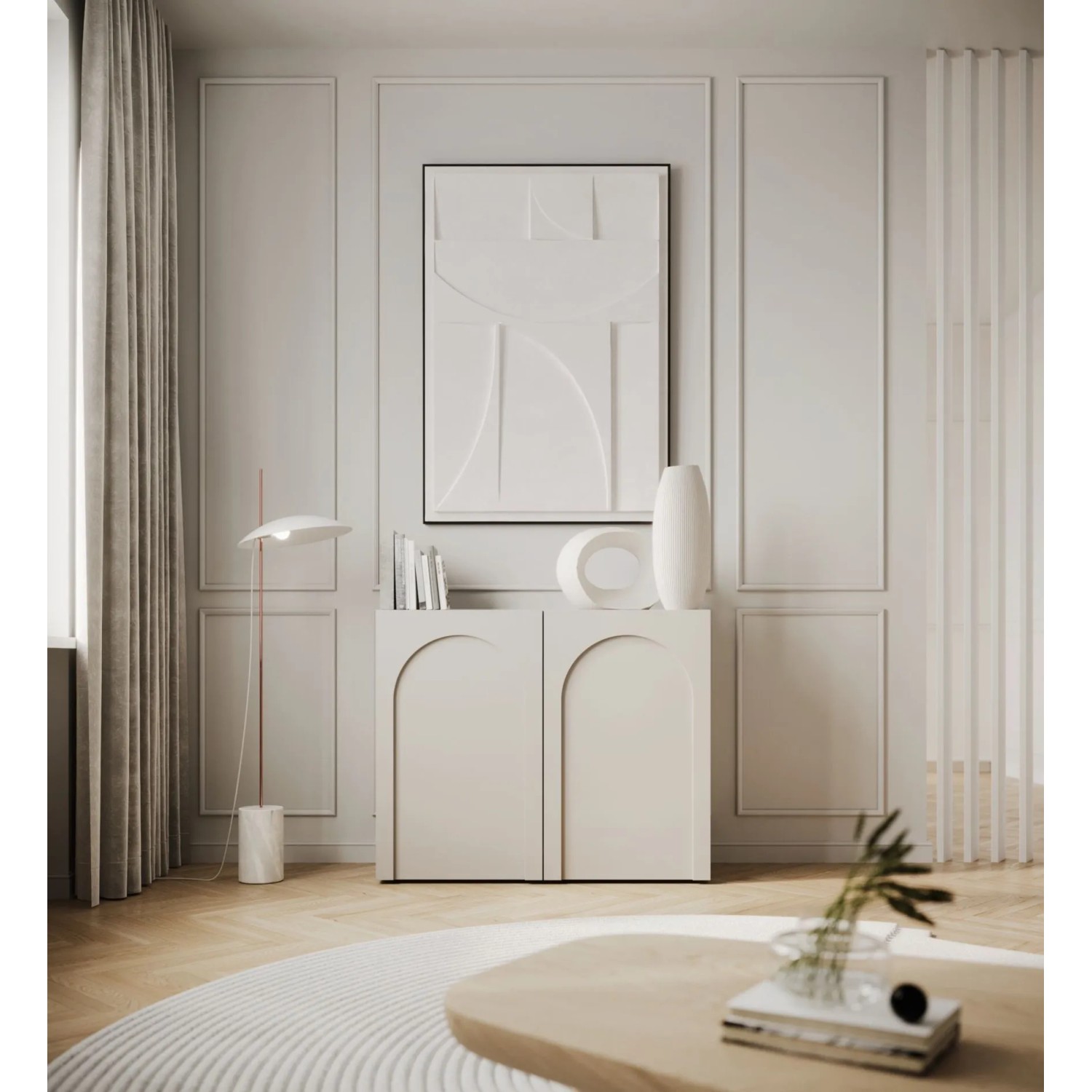 Selsey Sideboard Arkadia, zweitürig, Kaschmir, mit gefrästen Bogenfronten, elegant im modernen Wohnzimmer.
