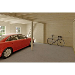 Innenansicht: Alpholz Doppelgarage Bora-70 ISO aus naturbelassenem Holz mit Auto und Fahrrad.