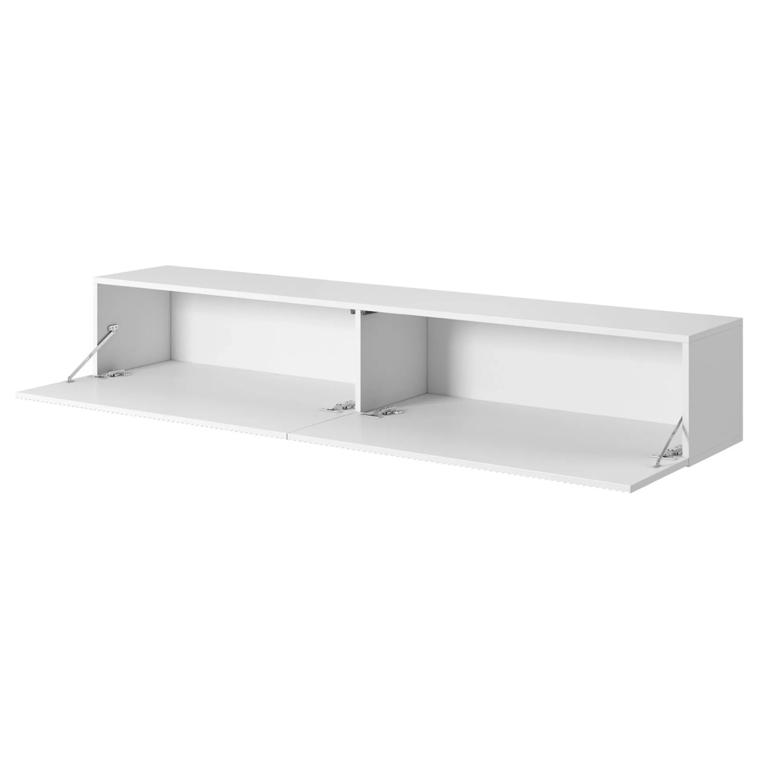 Weißes Selsey Veldio TV-Hängeboard, 175 cm, mit zwei offenen Fächern und nach unten klappbaren Türen. Moderner TV-Schrank.