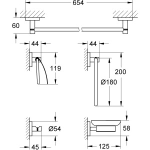 Technische Zeichnung des Grohe Bad-Set 5 in 1 Essentials in Chrom mit Maßangaben.