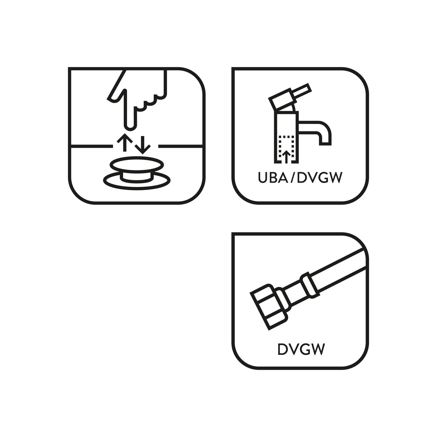 Icons: Pop-Up Ventil, Armatur mit UBA/DVGW Zertifikat, DVGW Schlauch für baliv Waschtischarmatur.