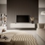 Weißes Selsey TV-Hängeboard Veldio mit geriffelter Lamellenfront im modernen Wohnzimmer. Schwebender TV-Schrank mit Stauraum.