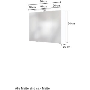 Held Möbel Spiegelschrank Bari, 80 cm, Wotaneiche, mit LED-Leuchte. Bad Spiegelschrank mit drei Türen.