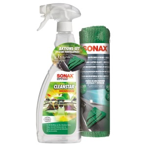 Sonax CleanStar Aktions-Set: Innenreiniger und Mikrofasertücher für die Autopflege.