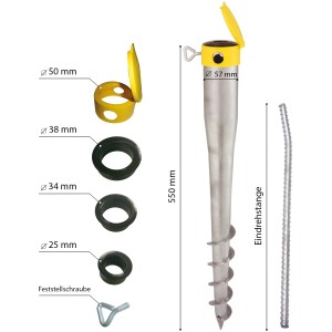 Krinner Bodendübel Kompakt Allround mit Zubehör: Eindrehstange, Reduzierhülsen und Feststellschraube.