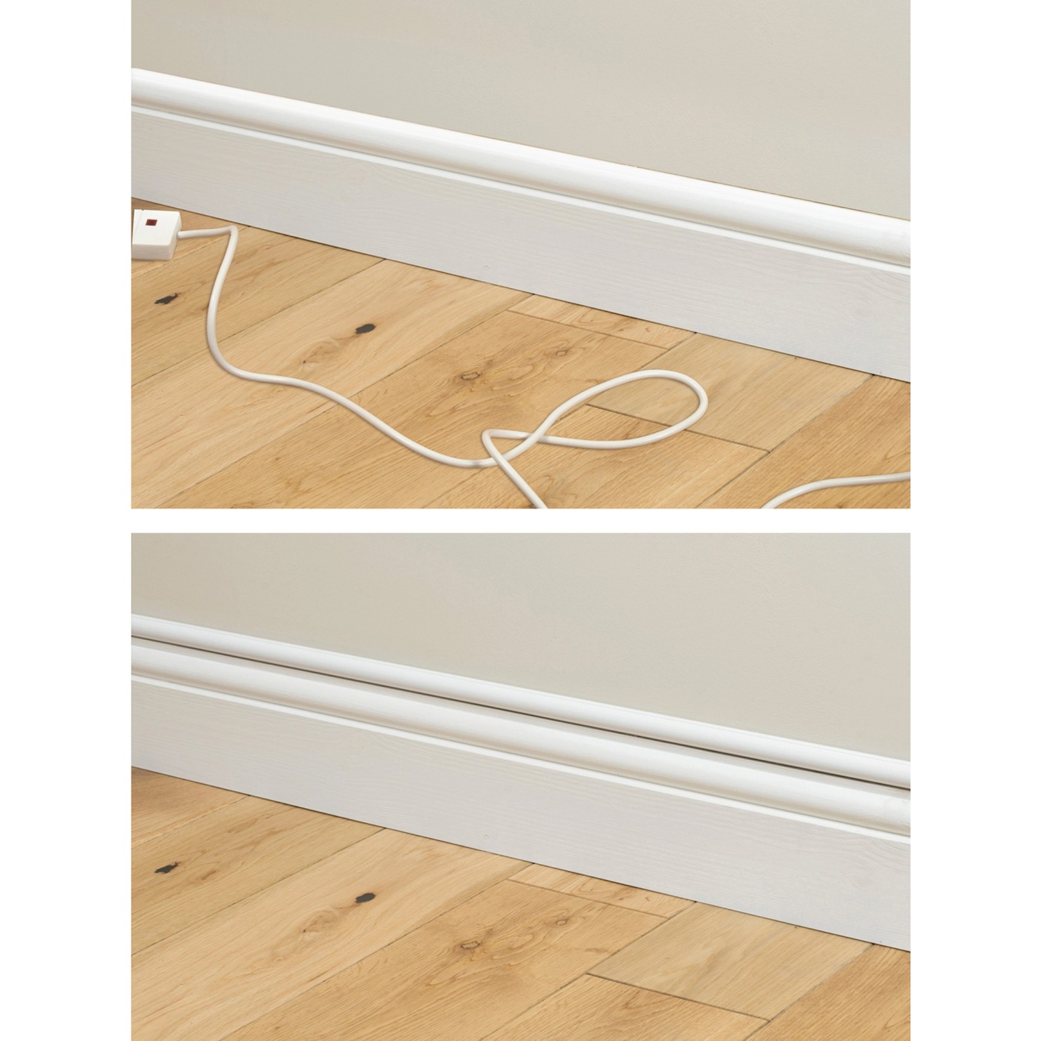 Vorher/Nachher: Weißer D-Line Kabelkanal (20x10) kaschiert Kabel an der Wand.