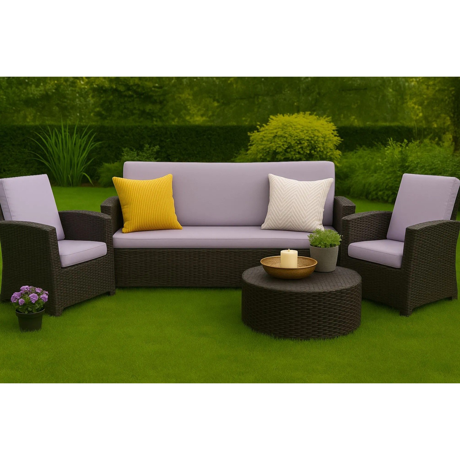 Lila Gartenkissen Set für Polyrattan Möbel, bestehend aus Kissen für 2-Sitzer Sofa und Sessel.