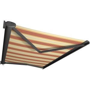 Kassettenmarkise Perform, 300x200 cm, anthrazitfarbenes Gestell, rot-orange gestreiftes Tuch.