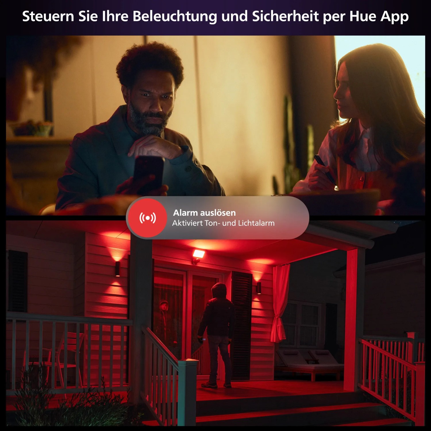 Philips Hue Flutlichtkamera Secure in Schwarz mit rotem Alarmlicht und Person vor Haustür.