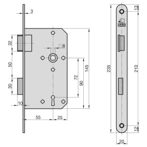 Basi Einsteck Zimmertürschloss ES 246: Technisches Diagramm mit Buntbart-Lochung, Edelstahl Stulp und Maßen.