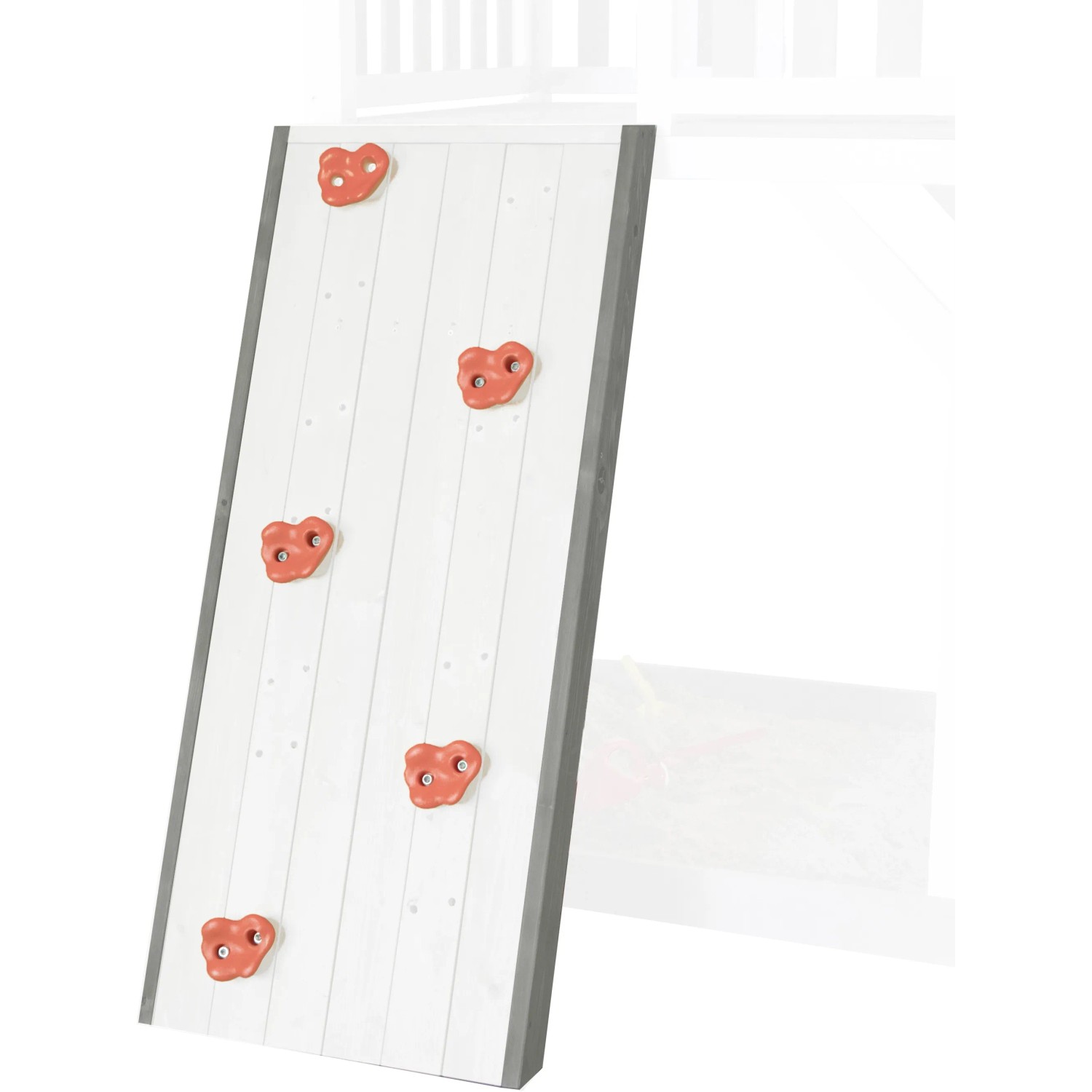 Sunny Spielhaus Kletterwand aus Holz mit roten Klettergriffen. Zubehör für Gartenspielgeräte.