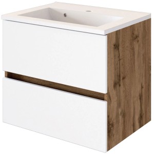 Held Möbel Einzelwaschtisch Bari, 60 cm, Weiß Matt mit zwei Schubladen und Holzoptik an der Seite.
