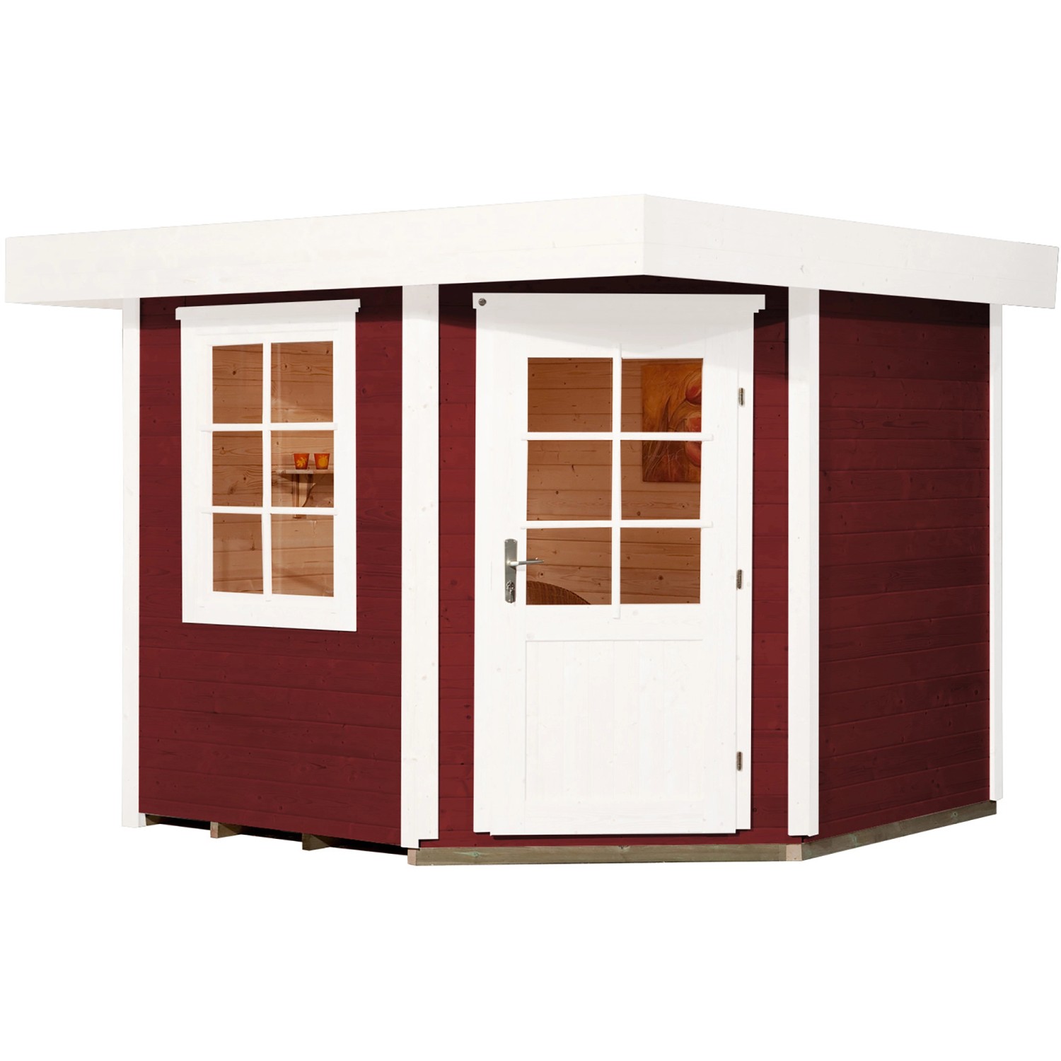 Weka Gartenhaus Flachdach, lasiert in Schwedenrot, 238x278 cm. Holz-Gartenhaus mit Fenster und Tür.