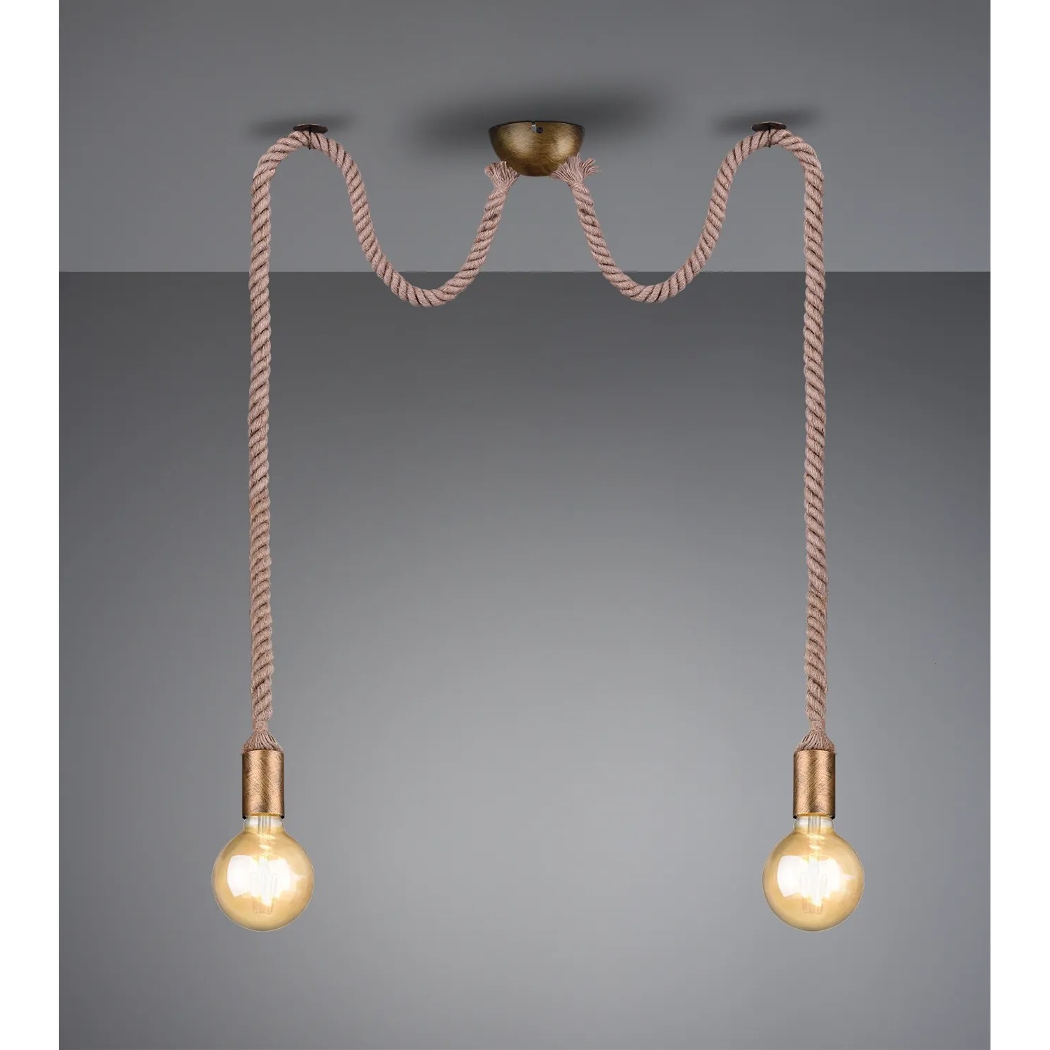2-flammige Trio Deckenlampe Rope im Vintage-Stil mit Seilaufhängung und altmessingfarbenen Akzenten.