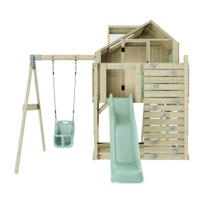 Babyschaukel Mintgrün mit Spielturm, Rutsche und Kletterwand für Kinder ab 3 Jahren.