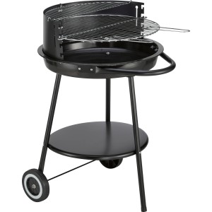 Schwarzer Holzkohle-Rundgrill mit Warmhalterost und Rollen für Garten, Terrasse und Balkon.
